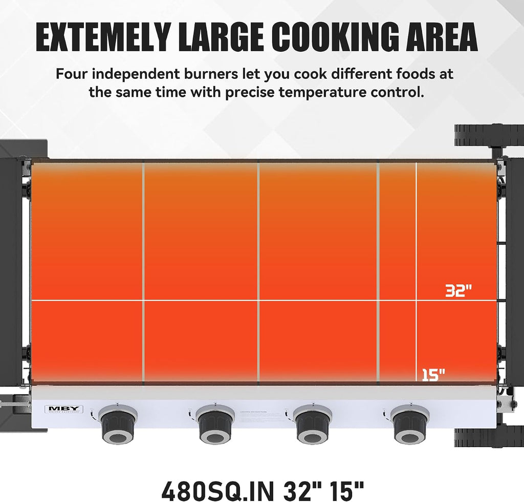4 Burner Propane Grill with Rainproof Cover 32inch Outdoor Flat Top Griddle Foldable Side Table for Backyards Barbecue