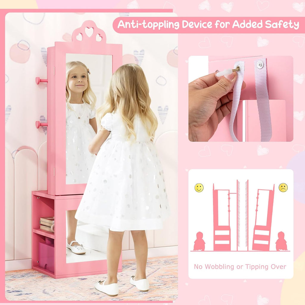 Costzon Kids Vanity & Jewelry Armoire Cabinet, Wooden Vanity Table and Chair Set, Standing Jewelry Organizer with Full-Length Mirror, Large Storage, Kids Bedroom Furniture Set for Girls (Pink)