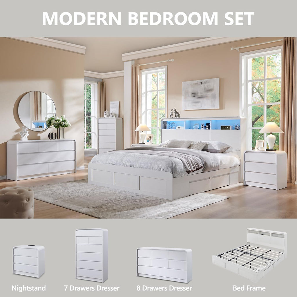 Aitjunz Modern 7 Drawers Dresser for Bedroom, 55' Tall Dressers & Chest of Drawers w/Curved Profile Design, Wood Mid Century Vertical Storage Dressers Organizer for Bedroom, Living Room, White