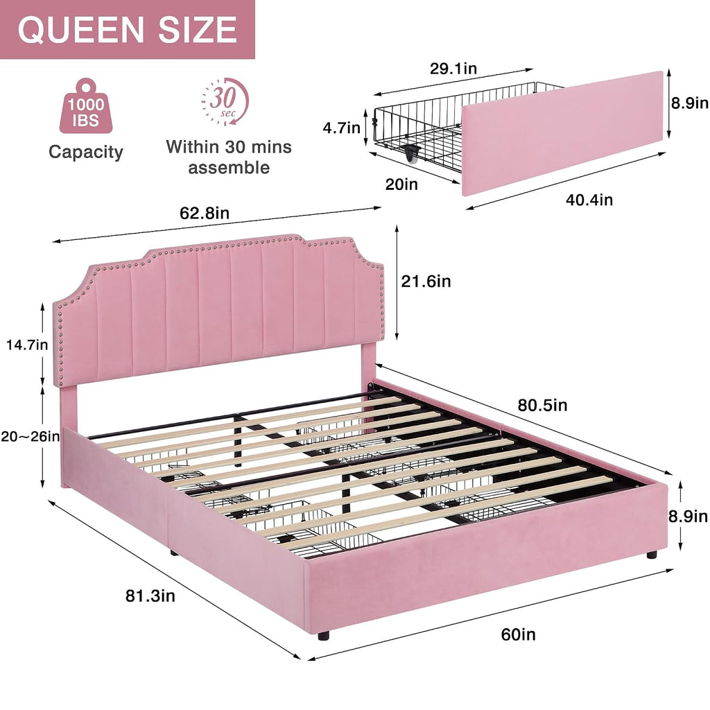 VECELO Queen Bed Frame with 4 Storage Drawers & Upholstered Platform &Tufted Adjustable Headboard/Mattress Foundation/Wood Slat Support,Easy Assembly,Pink