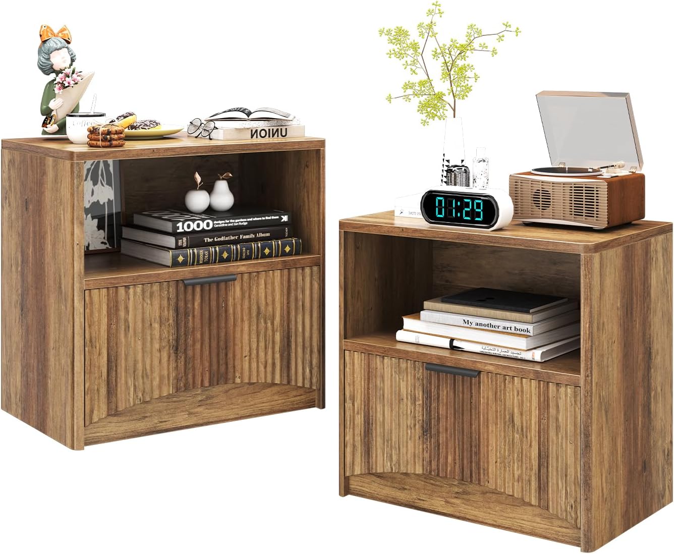 Fluted Nightstand Set of 2, MCM Mid Century Modern Bedside Tables with Drawer and Open Shelf, Minimalist Wood Bedside Table Fluted End Tables for Bedroom, Walnut