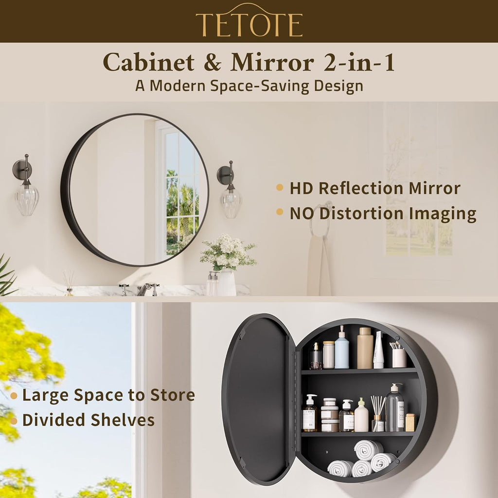 TETOTE 24 x 24 Inch Medicine Cabinet Mirror Black Framed Round Mirrored Medicine Cabinets for Bathroom Adjustable Shelves Modern Bathroom Mirror with Storage Wall Mounted