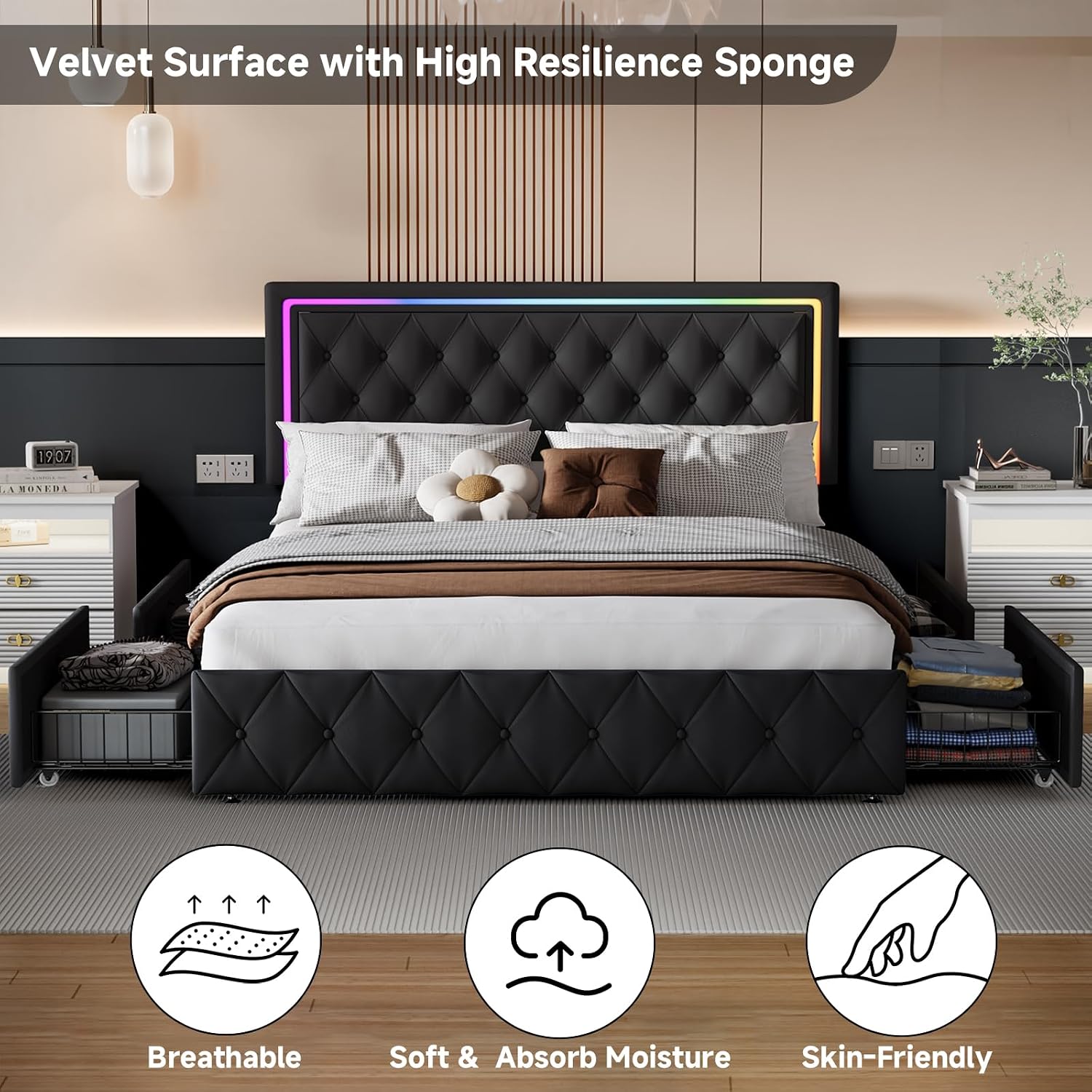 LED Full Size Bed Frame with Headboard and Storage,Full Bed Frame with 4 Storage Drawers and LED Lights,Velvet Upholstered Platform Bed Frame Full Size with Charging Station,No Box Spring Needed,Black
