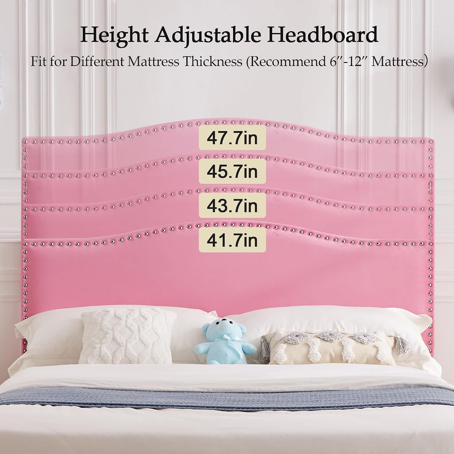 VECELO Queen Bed Frame, Platform Bed Frame with Adjustable Height Upholstered Headboard, Heavy-Duty Frames and Strong Wooden Slats Support, Non-Slip and Noise-Free, Easy Assembly, Pink