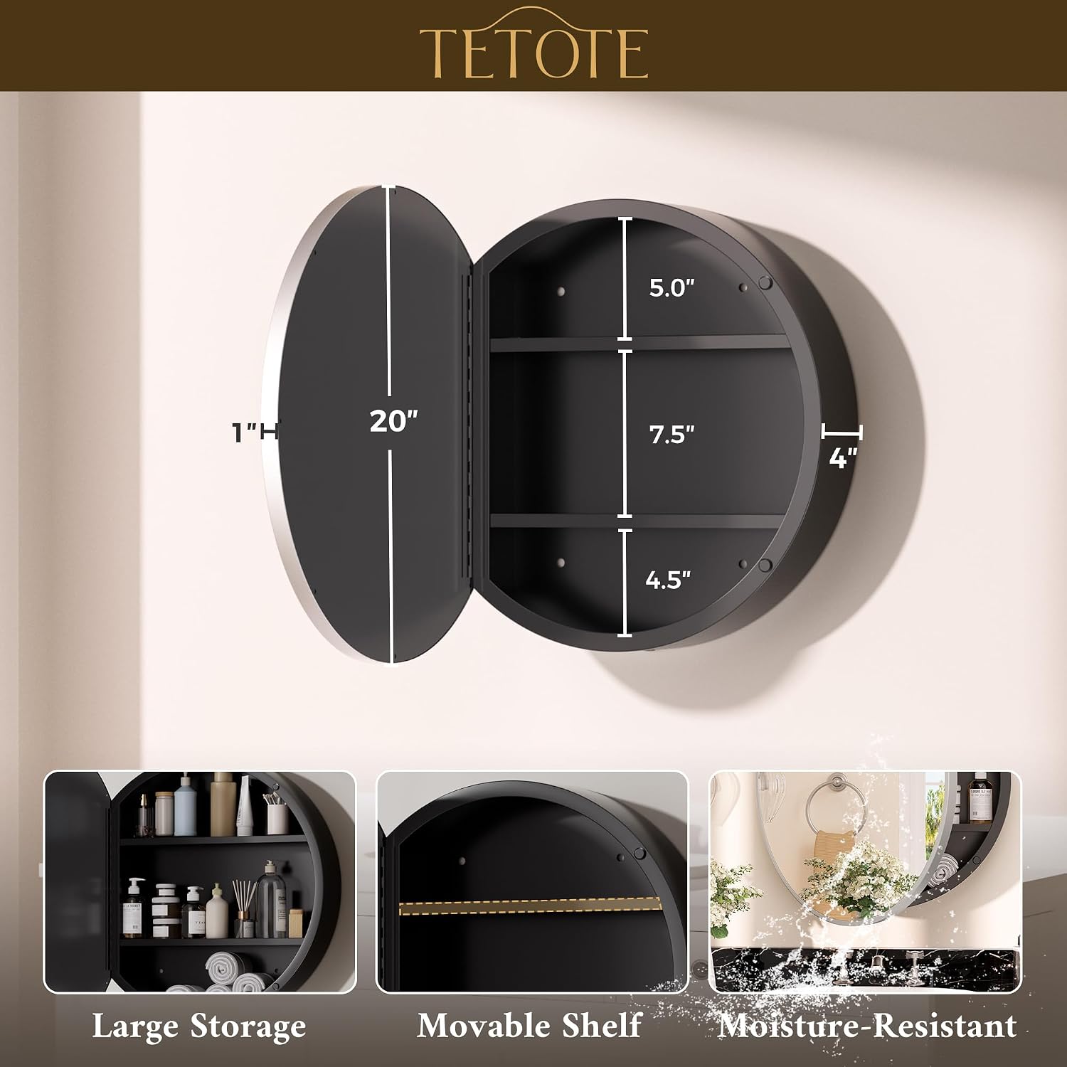 TETOTE 20 x 20 Inch Medicine Cabinet Mirror Matte Silver Gray Framed Round Mirrored Medicine Cabinets for Bathroom Adjustable Shelves Modern Bathroom Mirror with Storage Wall Mounted