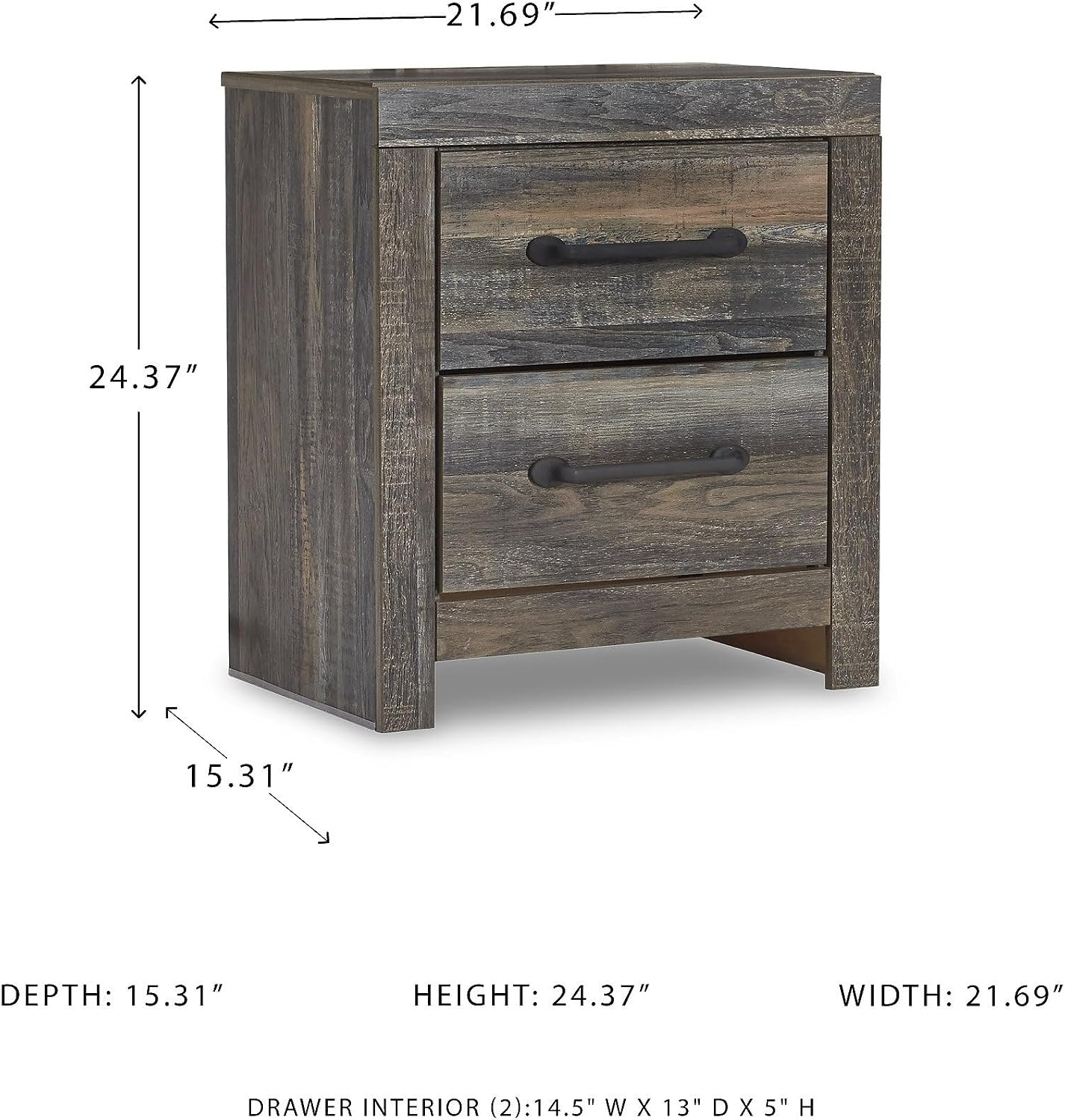 Signature Design by Ashley Drystan Rustic Industrial 2 Drawer Nightstand with 2 Slim-Profile USB Charging Stations, 24.37' Tall, Weatherworn Brown