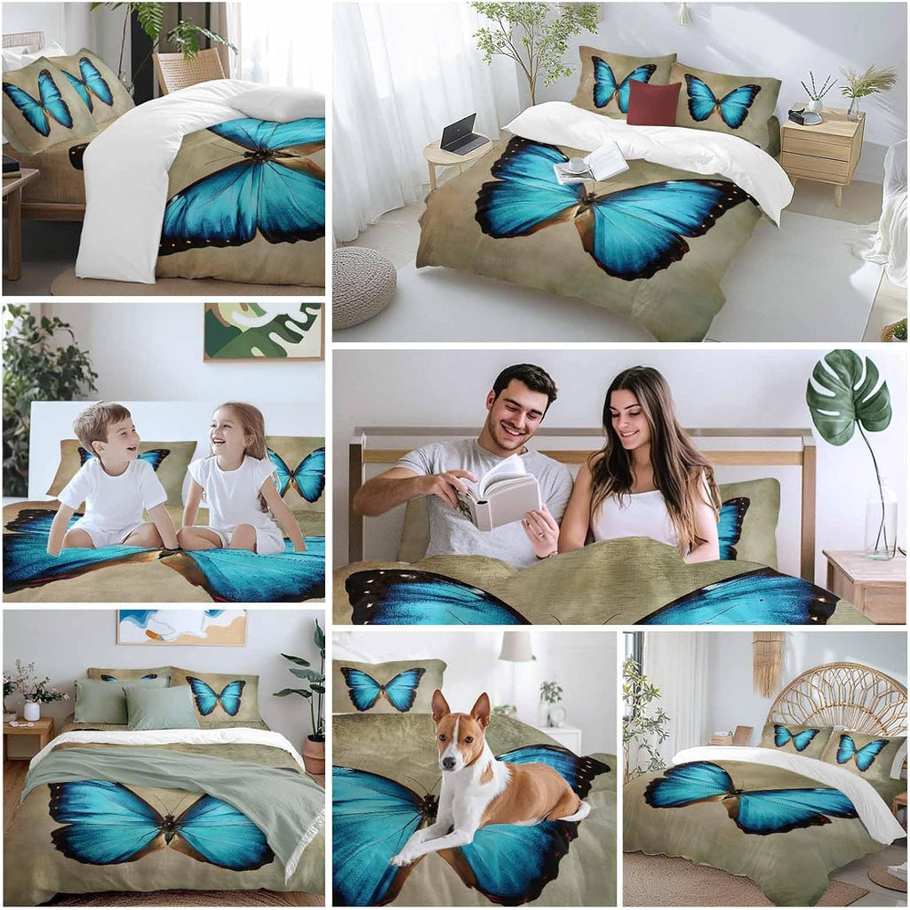 Prime Leader Blue Butterfly Duvet Cover Set Queen Size 4 Pieces Vintage Brown Retro Bug Farm Bedding Set with Zipper Closure, 1 Comforter Cover 92x106 Inches 1 Flat Sheet & 2 Pillow Cases