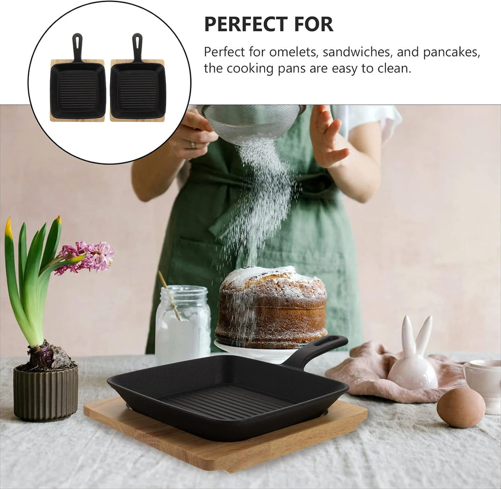 Grill Pan Frying Pan Steak Bacon Pan with Wooden Tray Deep Square Griddle Pan Iron Kitchen Grill Cookware for Steak Fish BBQ 2 Set Wok