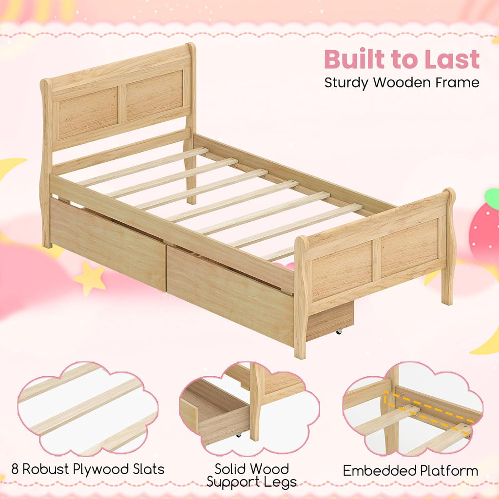 KOMFOTT Twin Bed with 2 Drawers, Twin Storage Bed with Headboard & Footboard, Sleigh Wood Bed Frame with Wooden Slats Support for Kids, Teens, Adults, No Box Spring Needed (Natural)
