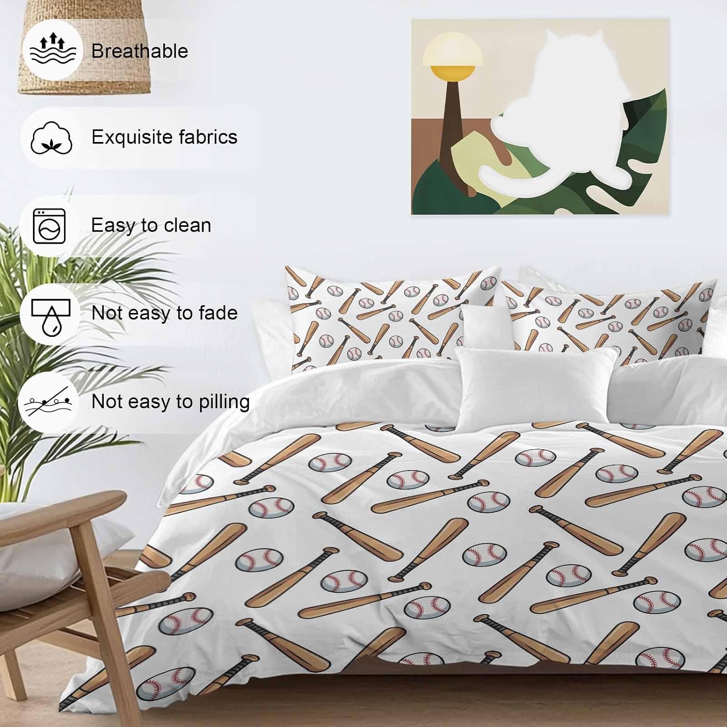 Baseball Duvet Cover Set Queen Size 4 Pieces Retro Sports Style Baseball Bats Minimalist Modern Bedding Set with Zipper Closure, 1 Comforter Cover 86x86 Inches 1 Flat Sheet & 2 Pillow Cases