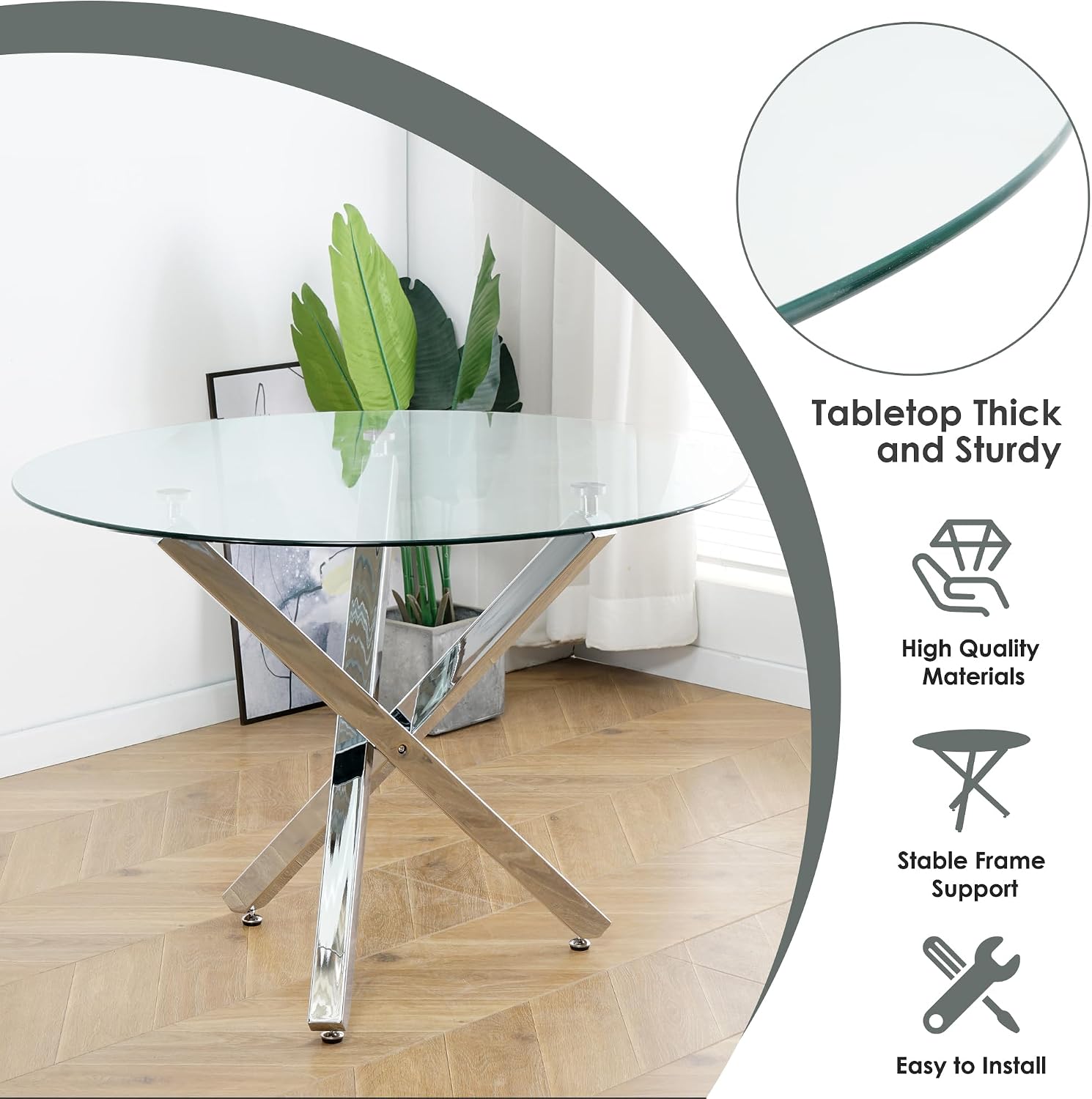Silver Luxury Round Dining Table Set for 4, 39'' Modern Minimalist Circle Kitchen Table Set, 5 Pcs Small Clear Circular Glass Top Dinner Set, Ivory Woven Chairs Set, for Bedroom Breakfast Nook