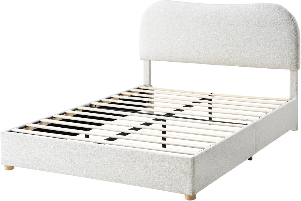 AMERLIFE Queen Size Upholstered Boucle Bed Frame, Soft Cloud Platform Bed with Adjustable Headboard, Modern Design, Rounded Corners, Rubberwood Legs, No Box Spring Needed, Easy Assembly, Cream
