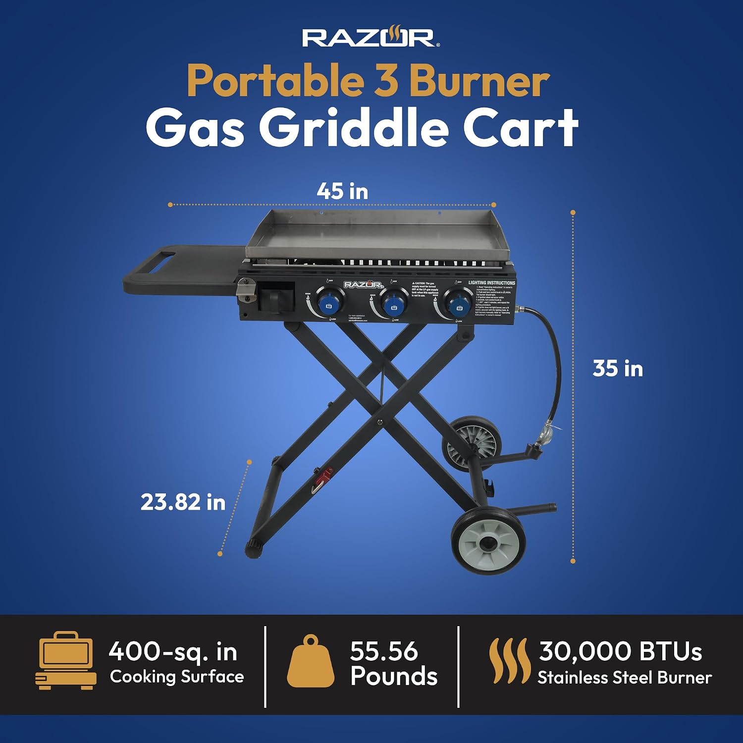 Razor Griddle Gas Griddle and Portable Propane Grill for Backyard BBQ, with Cart, Shelf