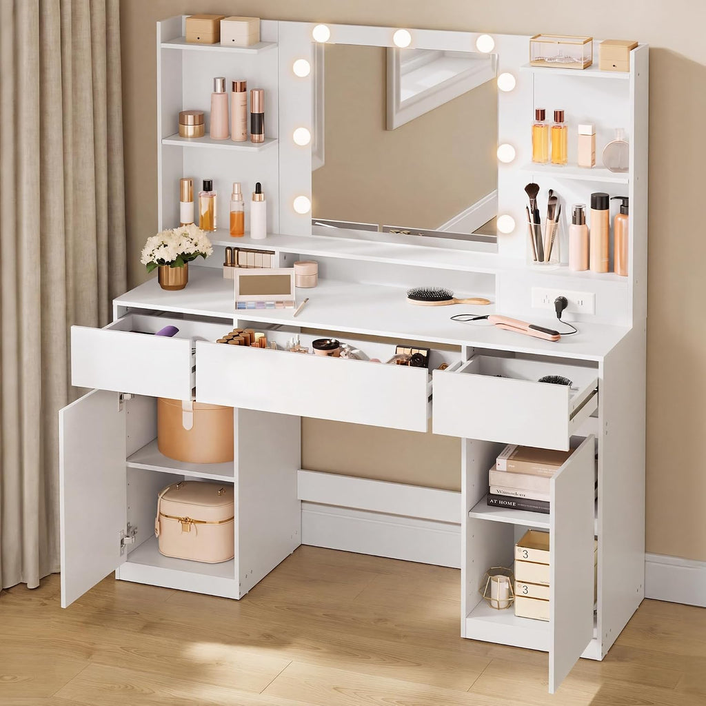VASAGLE Kailyn Collection - Vanity Desk with Mirror and 9 LED Bulbs, Vanity Makeup Table with Power Outlets, Dressing Table with 2 Cabinets, for Bedroom, Cloud White URDT142WB01S