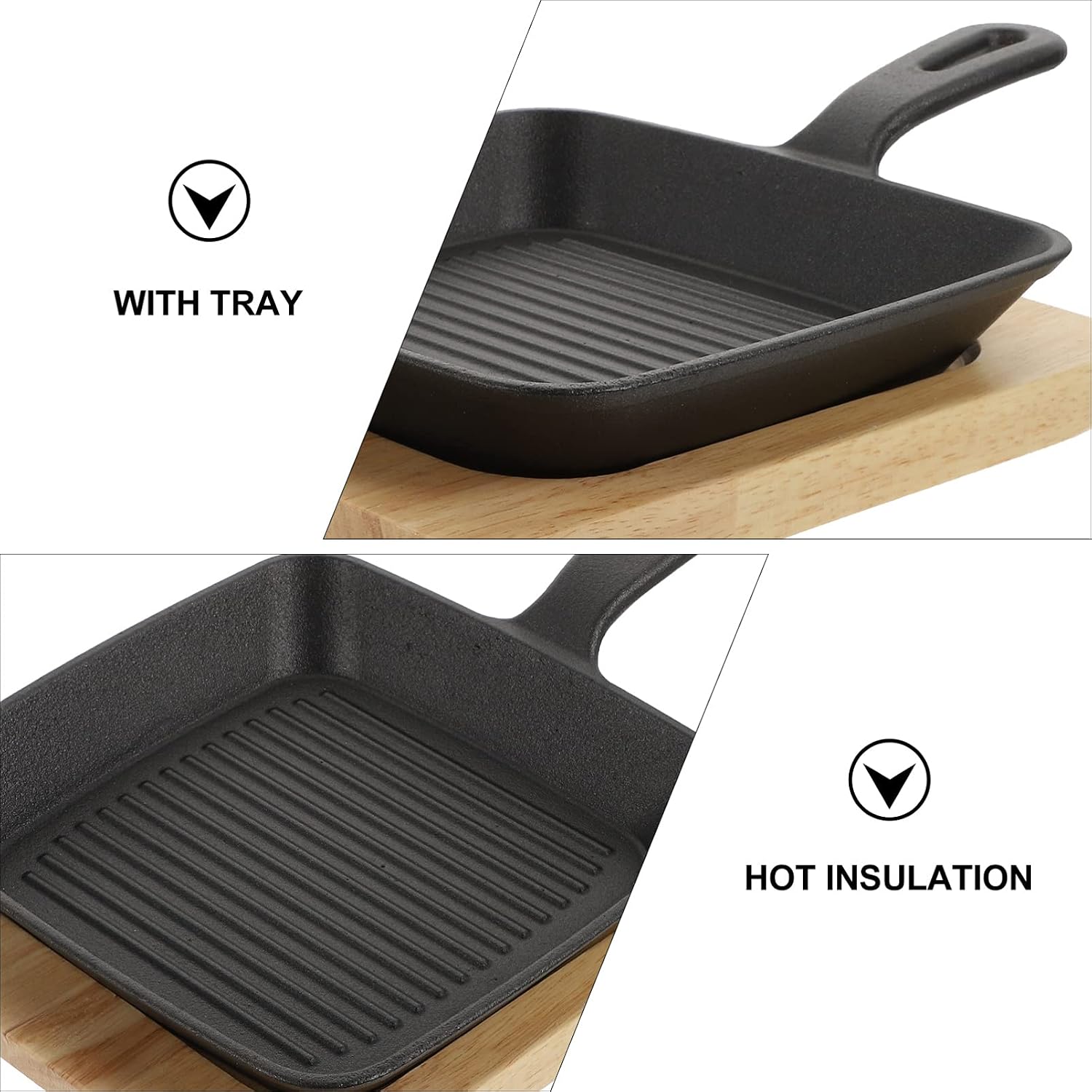 Grill Pan Frying Pan Steak Bacon Pan with Wooden Tray Deep Square Griddle Pan Iron Kitchen Grill Cookware for Steak Fish BBQ 2 Set Wok