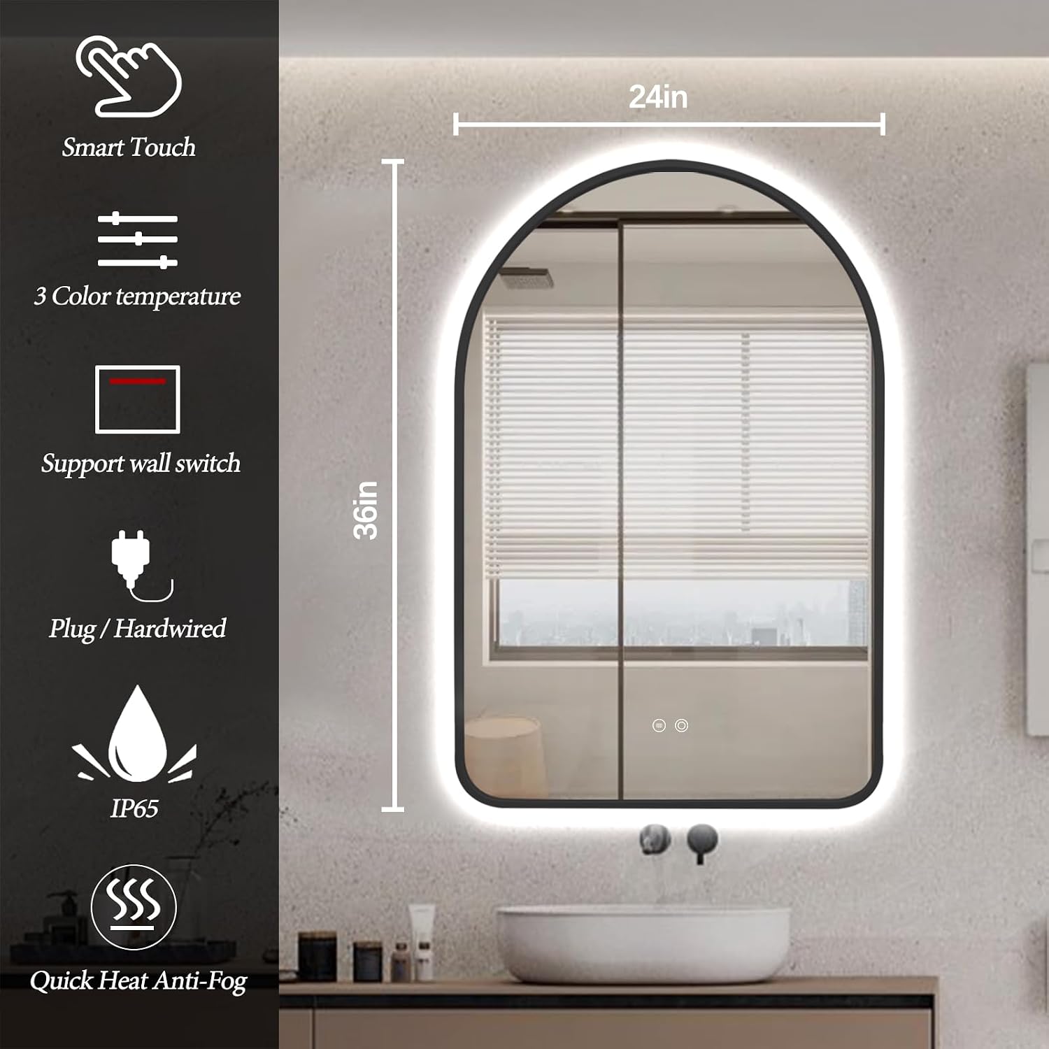 Arched LED Bathroom Mirror, 36'x24' Black Framed Arch Backlit Vanity Mirror with Lights, Anti-Fog, 3 Colors, Dimmable, Adjustable Brightness, Waterproof, UL Listed