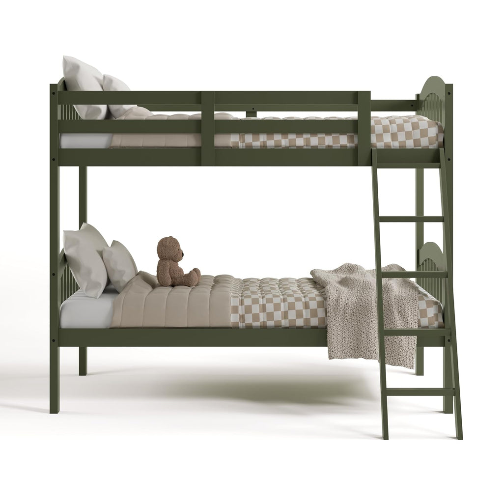 Storkcraft Long Horn Twin-Over-Twin Bunk Bed (Olive) - GREENGUARD Gold Certified, Converts to Two Twin Beds, Wood Bunk Bed for Kids Bedroom