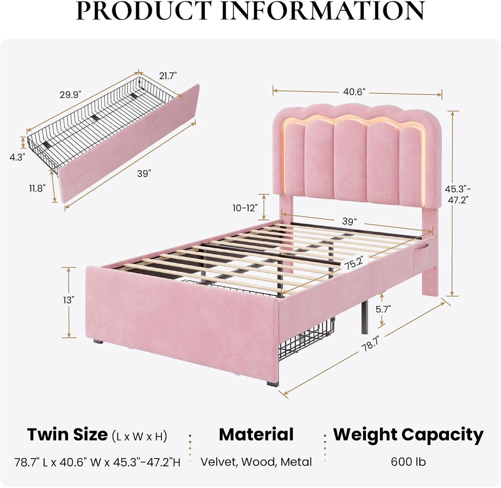 SHA CERLIN Upholstered Twin Size Bed Frame with LED Lights and Large Storage Drawer, Velvet Platform Bed with Adjustable Wavy Headboard, Noise Free, Easy Assembly, No Box Spring Needed, Soft Pink