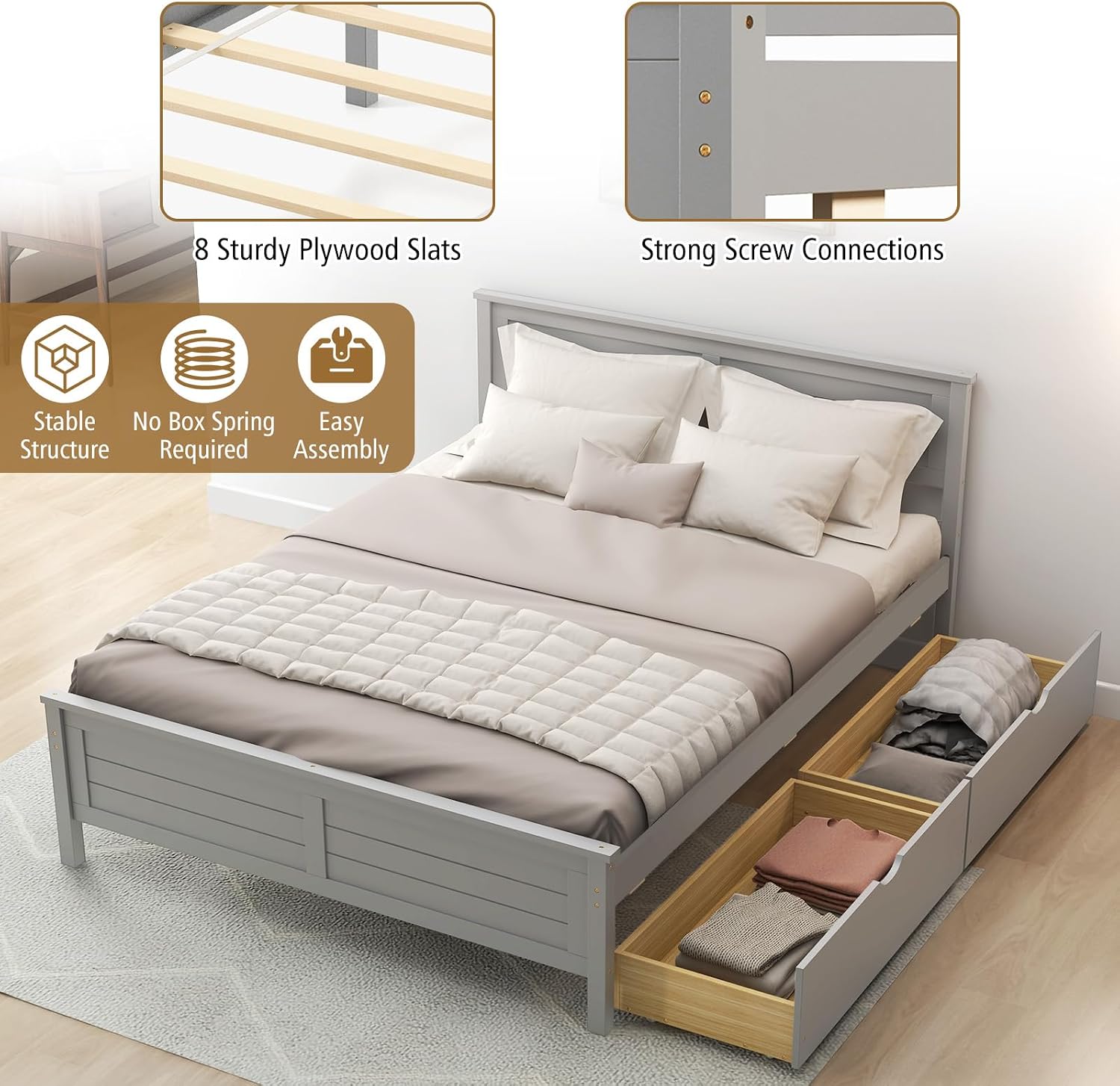 KOMFOTT Full Size Wood Bed Frame with 2 Storage Drawers, Mid Century Platform Bed Frame with Headboard, Sturdy Wooden Slats Support, Modern Mattress Foundation, No Box Spring Required, Easy Assembly