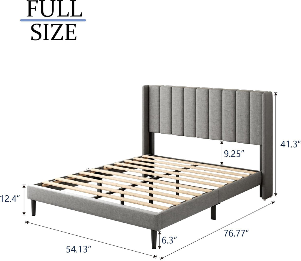 Gruwans Full Size Bed Frame with Upholstered Wingback Headboard, Easy Assemnly Platform Bed, Wooden Slat Support No Box Spring Needed, Light Gray