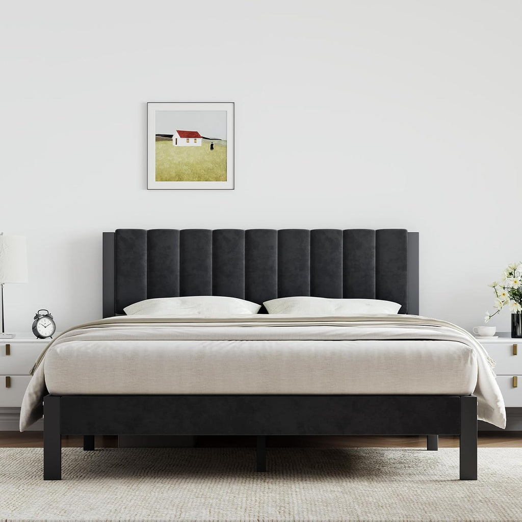 Novilla Full Bed Frame with Piano Keys Headboard and Footboard, Metal Platform Bed Frames Full Size, No Box Spring Needed, Easy Assembly, Steel Slats Support, Velvet Black