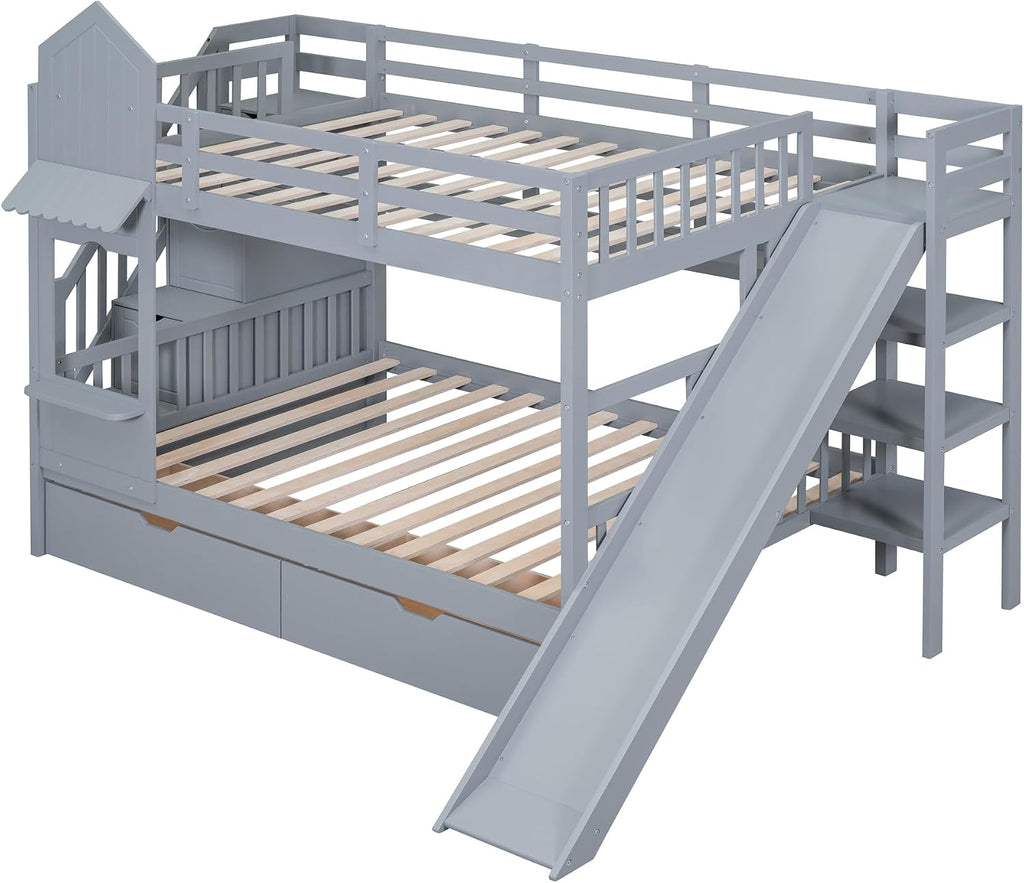 Harper & Bright Designs Full Over Full Bunk Bed with Stairs and Slide, Solid Wood Bunk Bed Frame with Storage Drawers and Bookshelves, for Kids Teens Adults- Gray