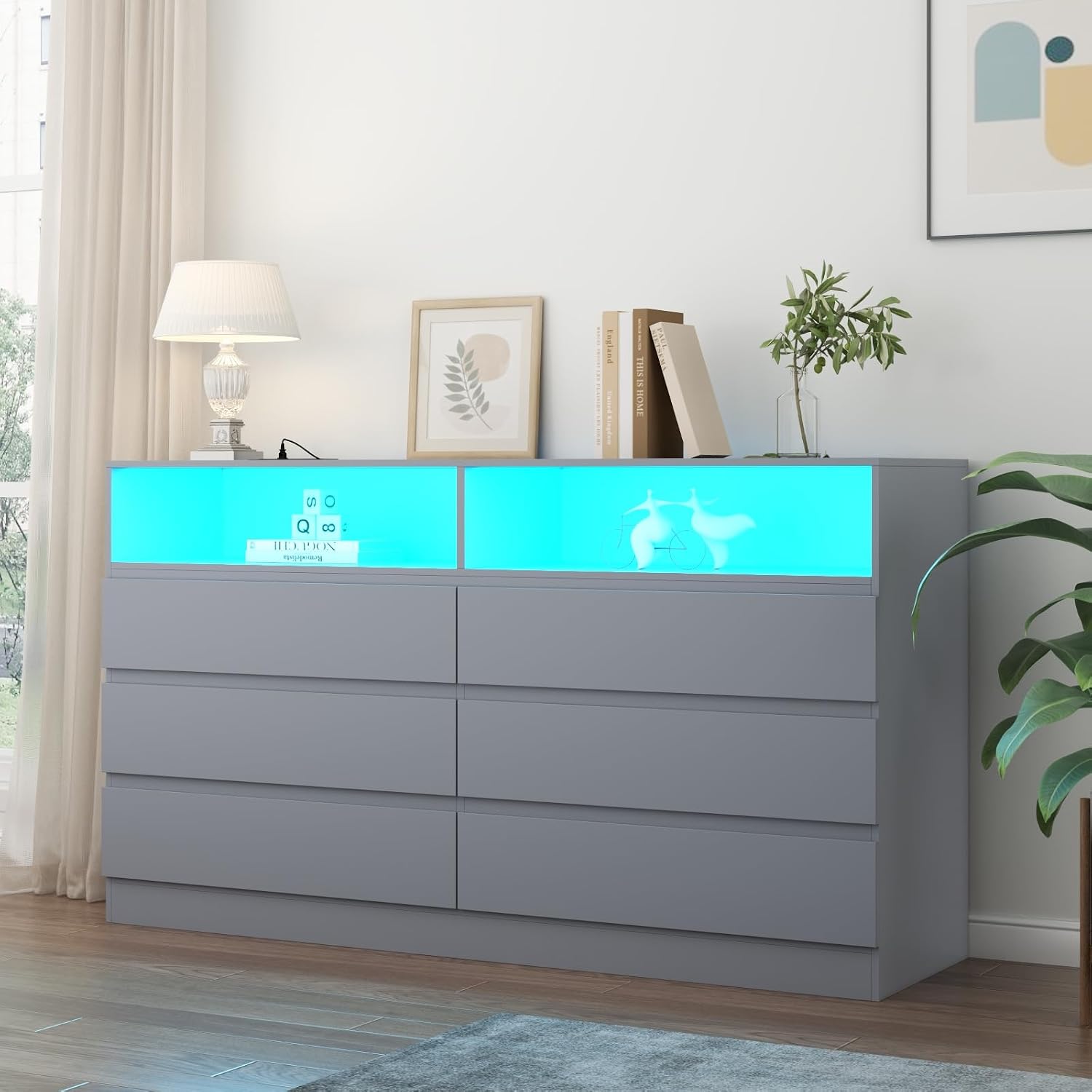 Gyfimoie 6 Drawers Dresser with Power Outlet, Accent Chests of Drawers with LED Light, Modern Storage Dresser for Bedroom, Living Room
