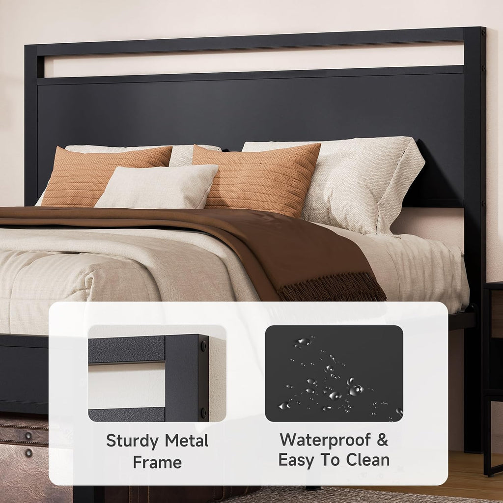 Z-hom Full Metal Bed Frame with Wooden Headboard and Footboard, Heavy Duty Platform Frame with Metal Slats, No Box Spring Needed, Quiet and Non-Slip Design, Space Saving Bed Frame for Bedroom,Black