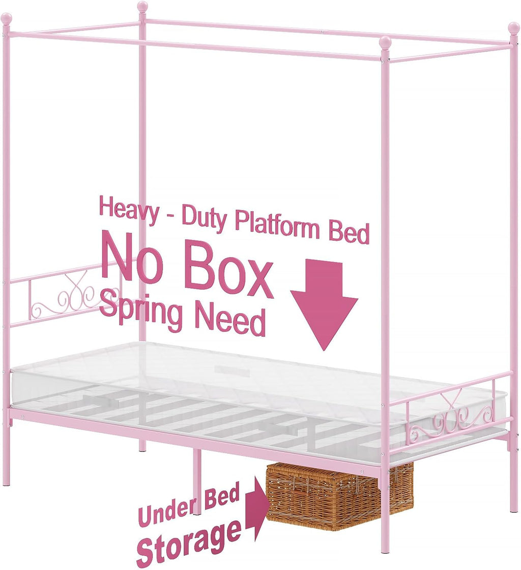 Weehom Twin Canopy Bed Frame with Headboard and Footboard, 4 Posters Metal Bed Frame, No Box Spring Needed, Mattress Foundation Platform Bed for Kids and Adults, Pink