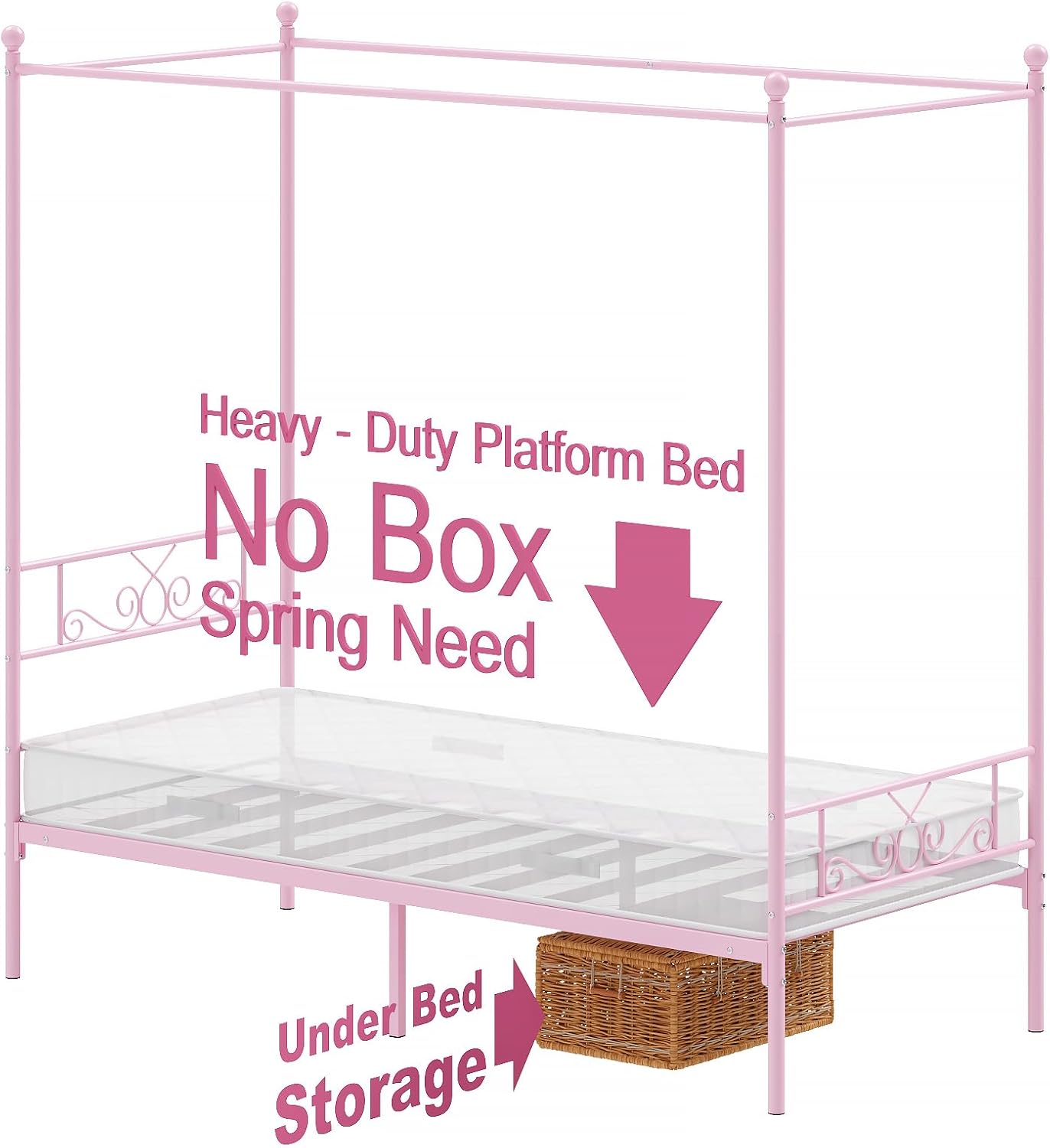 Weehom Twin Canopy Bed Frame with Headboard and Footboard, 4 Posters Metal Bed Frame, No Box Spring Needed, Mattress Foundation Platform Bed for Kids and Adults, Pink