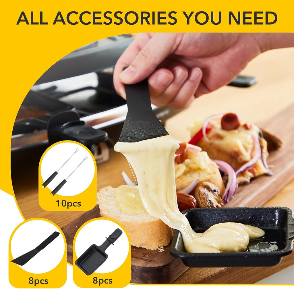 6-Cup Electric Cheese Fondue Pot, Combo with Raclette Machine for 8 People and Indoor Grill, Simple Adjustable Thermostats, Perfect for Parties and Family Fun