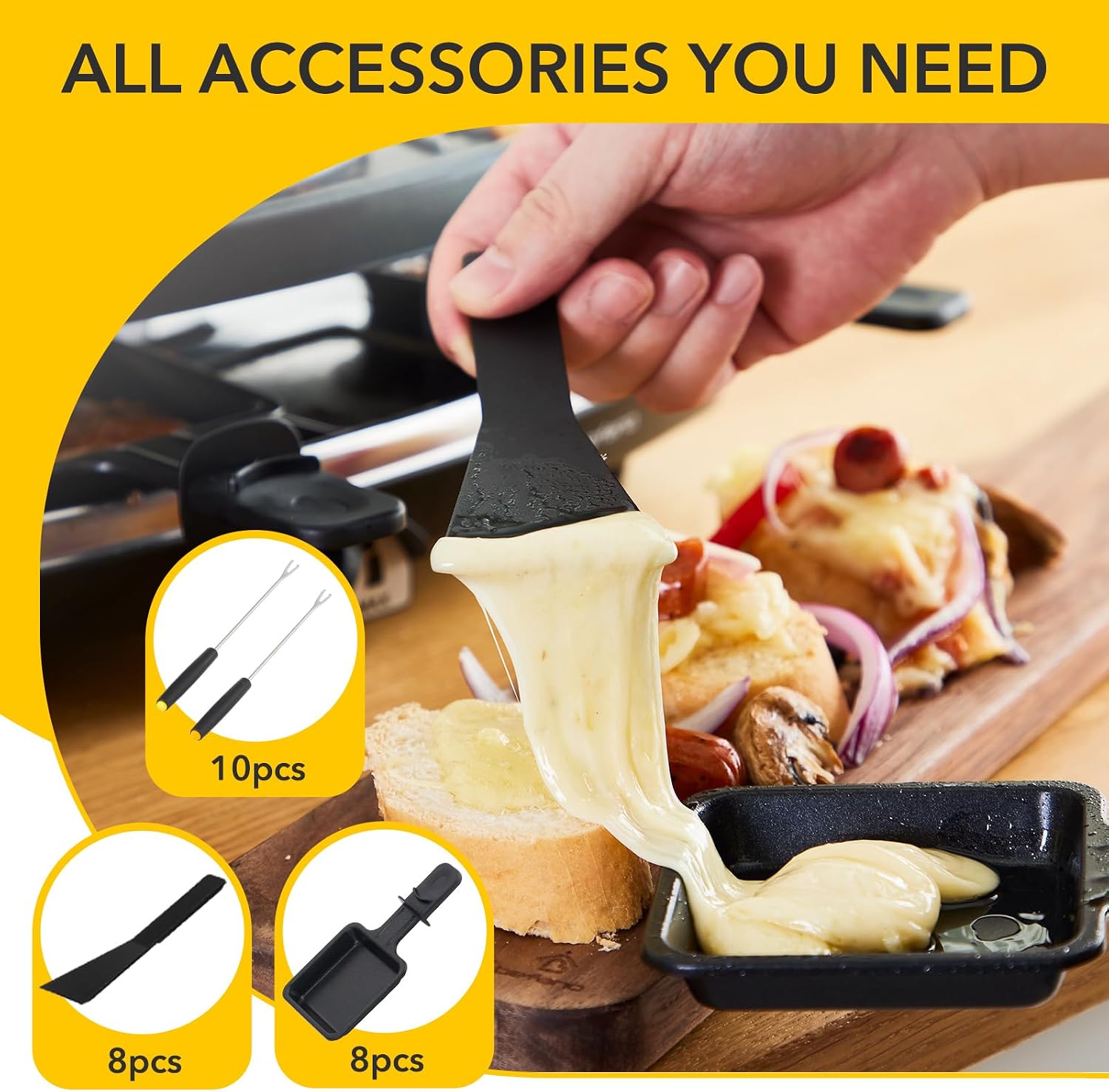 6-Cup Electric Cheese Fondue Pot, Combo with Raclette Machine for 8 People and Indoor Grill, Simple Adjustable Thermostats, Perfect for Parties and Family Fun