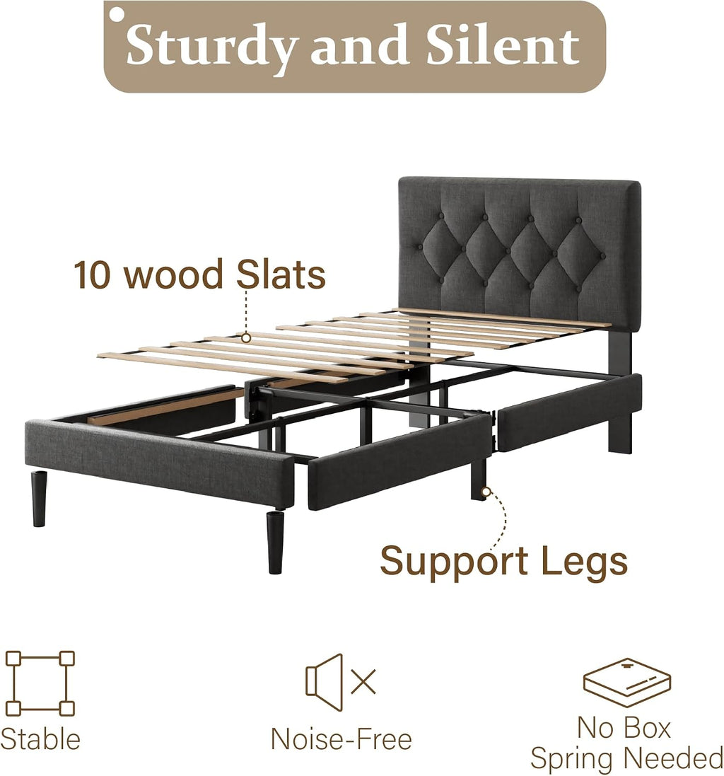 CXVX Twin Size Platform Bed Frame with Upholstered Headboard, Button Tufted Design, Strong Wooden Slats, No Box Spring Needed, Easy Assembly, Noise Free