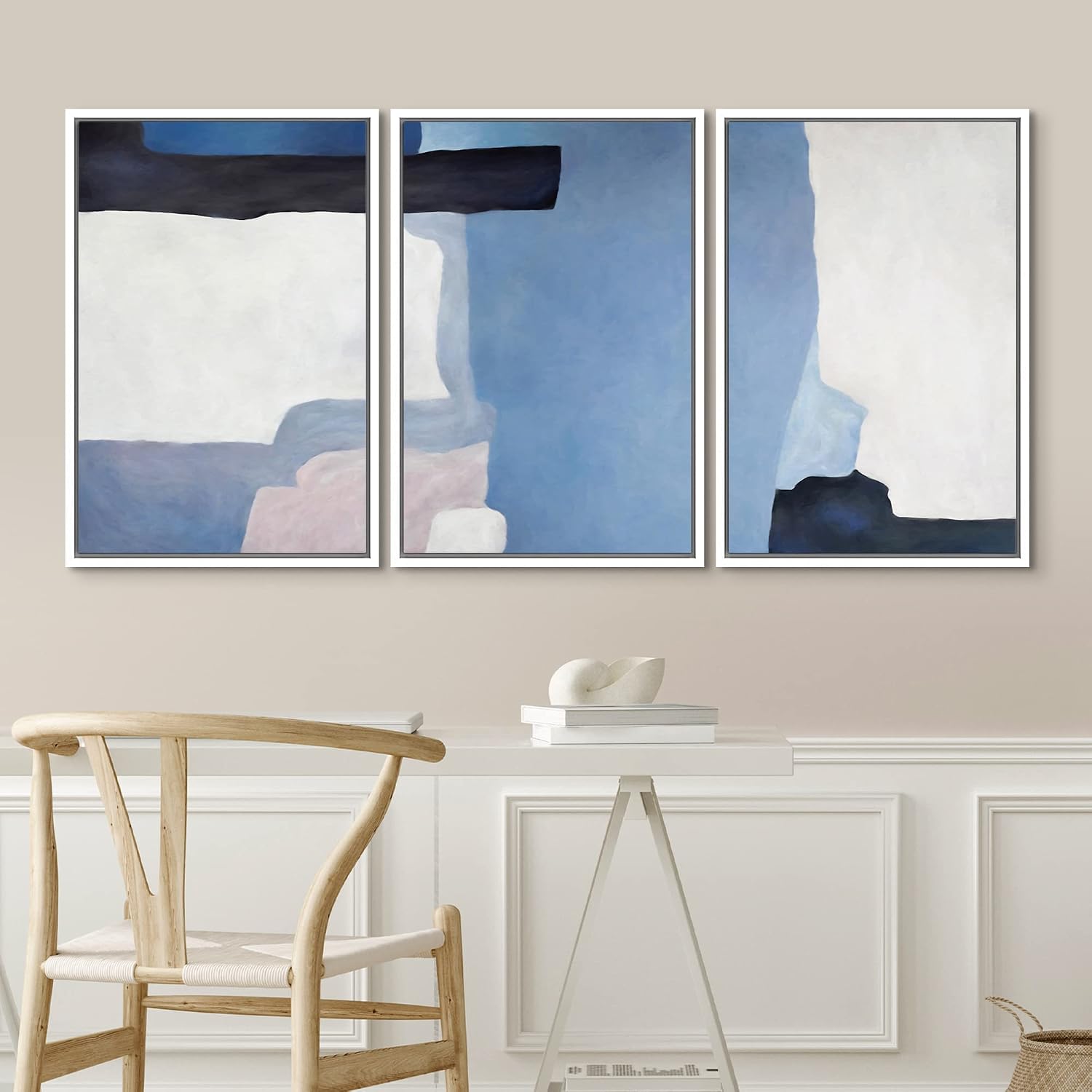 NWT Framed Wall Art Print Set Blue Watercolor Blot Set Abstract Shapes Illustrations Modern Art Minimalist Colorful Pastel for Living Room, Bedroom, Office - 24'x36'x3 White