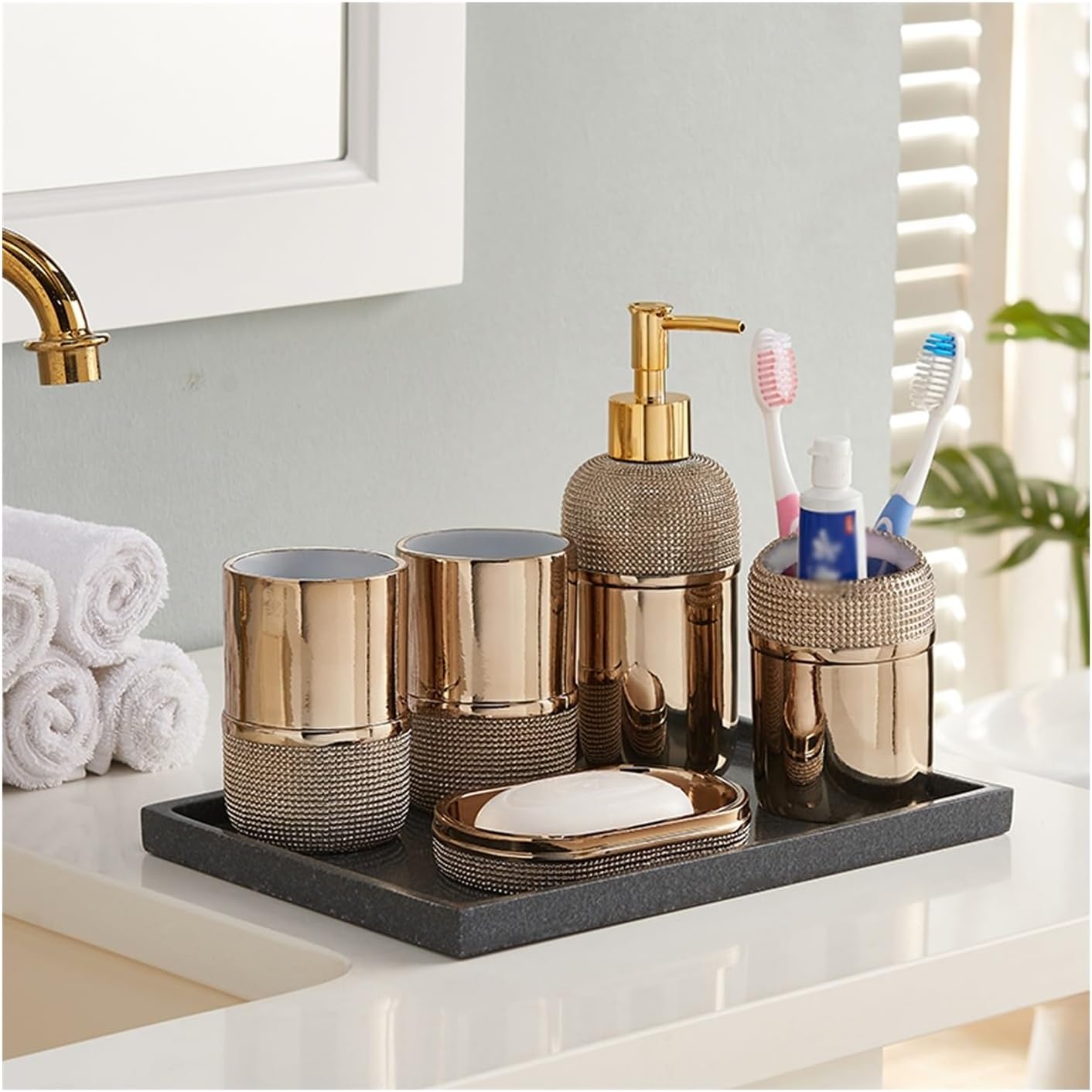 Soap Bottles Gold Bathroom Accessories Set 6 Piece Resin Bath Accessory Sets Complete Soap Dispenser Toothbrush Holders Tumbler Soap Dish and Ceramic Tray Soap Dispenser (Color : Gold)