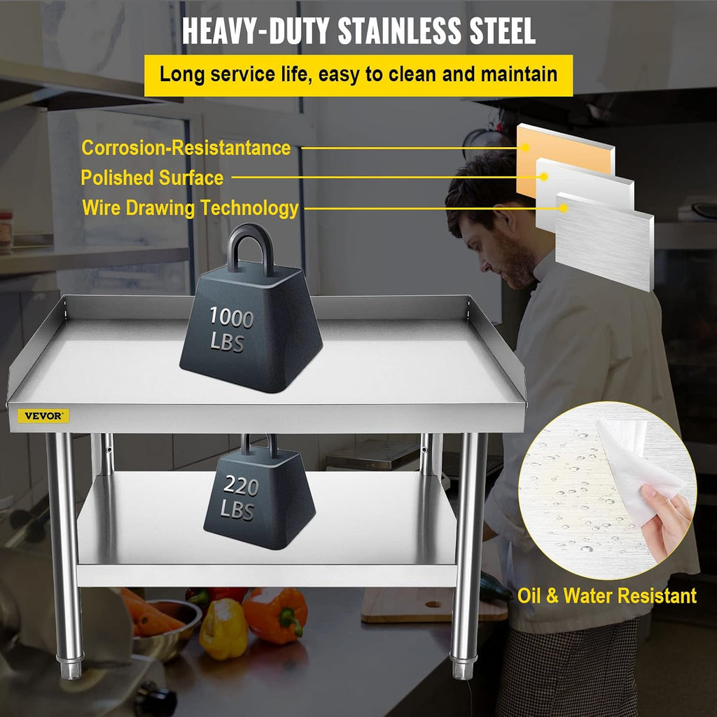 VEVOR Stainless Steel Equipment Grill Stand, 36 x 30 x 24 Inches Stainless Table, Grill Stand Table with Adjustable Storage Undershelf, Equipment Stand Grill Table for Hotel, Home, Restaurant Kitchen