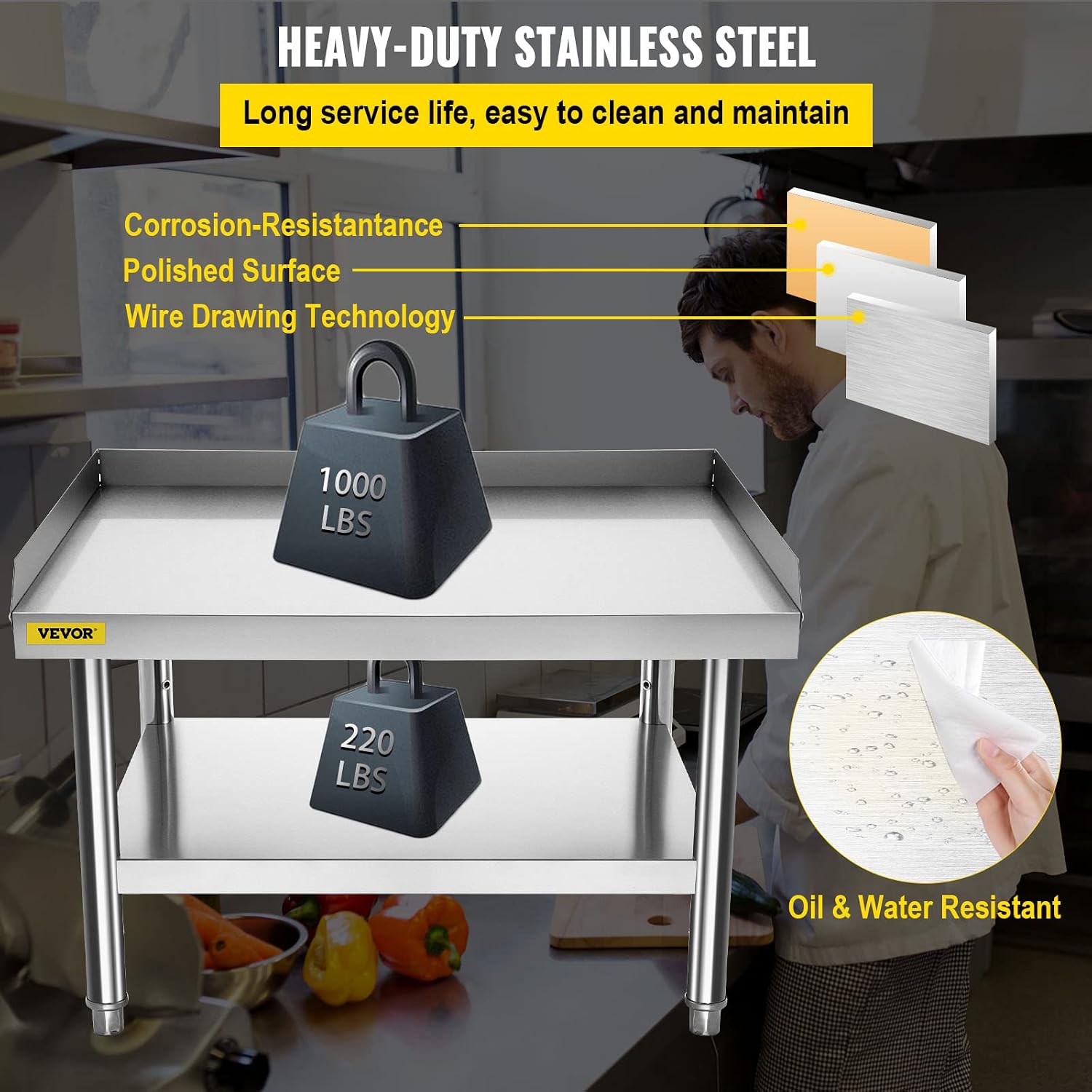 VEVOR Stainless Steel Equipment Grill Stand, 36 x 30 x 24 Inches Stainless Table, Grill Stand Table with Adjustable Storage Undershelf, Equipment Stand Grill Table for Hotel, Home, Restaurant Kitchen