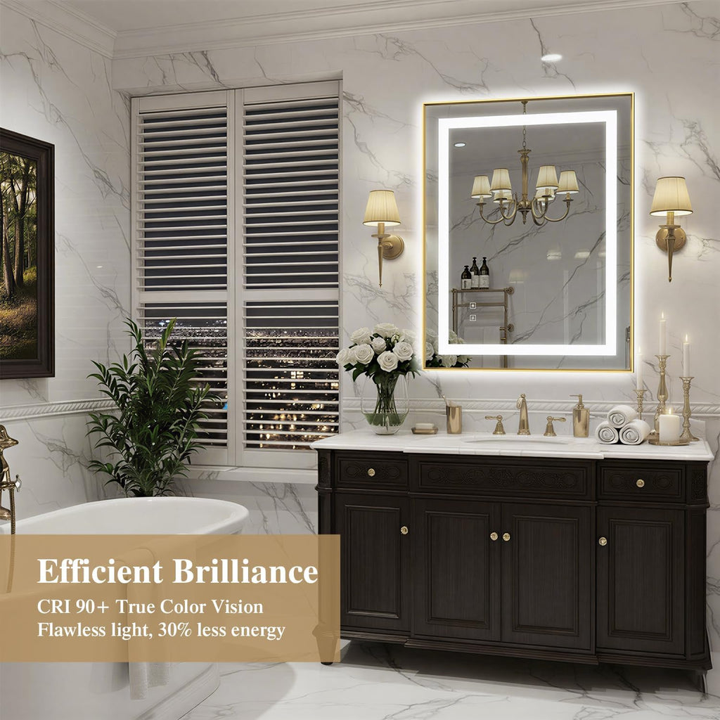 28X36 Inch LED Bathroom Mirror with Lights, Gold Frame Frontlit+ Backlit Bathroom Vanity Mirror for Wall, Ultra-Clear Tempered Glass, Shatter-Proof, Anti-Fog and Memory Function, ETL Listed