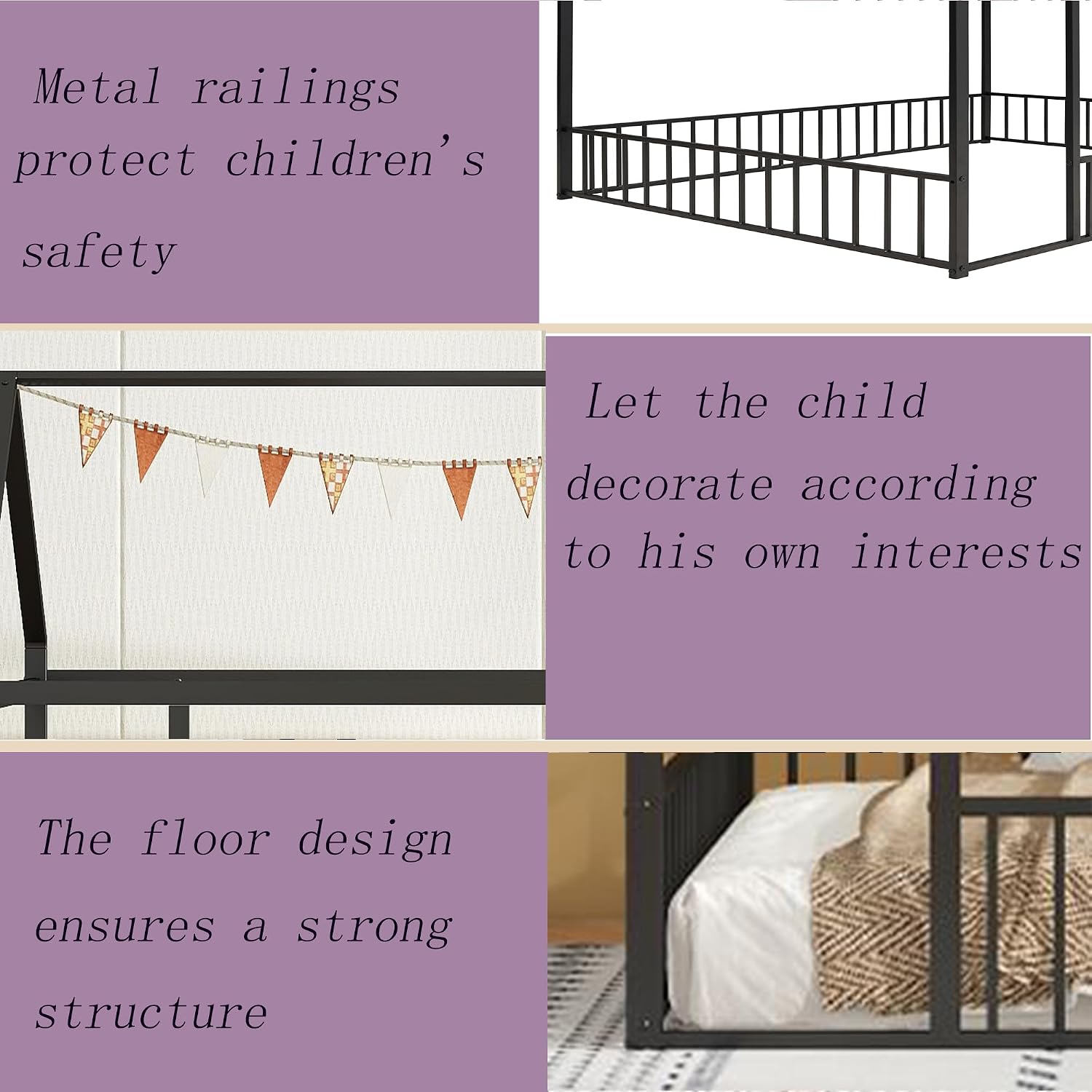 Bellemave Twin Floor Bed Frame, Metal Montessori Floor Bed Twin with Fence for Boys Girls Bedroom Playhouse for Kids No Slat, Easy Assembly House Shaped Floor Beds Black