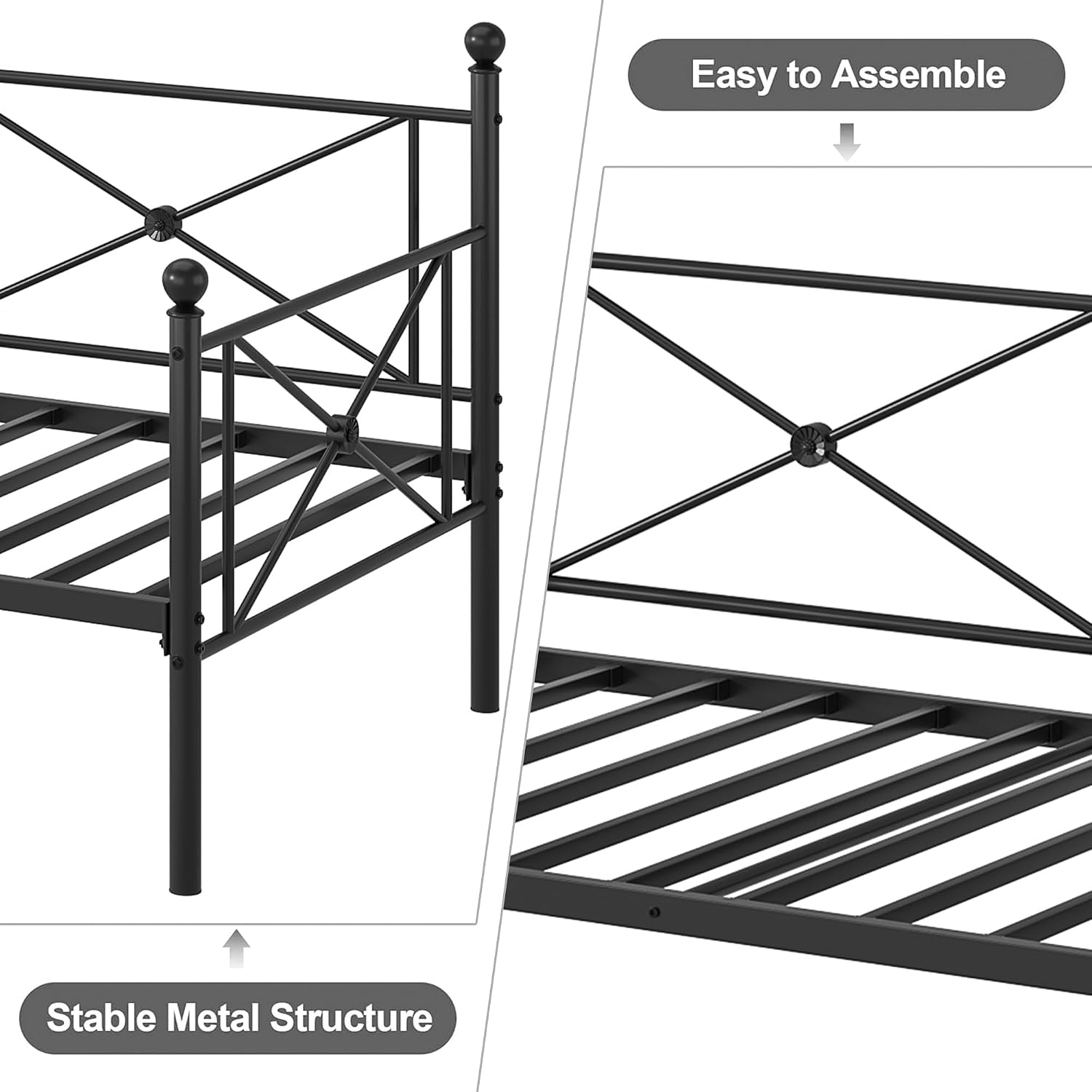VECELO Twin Daybed Frame, Metal Day Bed with Stylish Headboard, Multifunctional Platform Beds for Bedroom, Living Room, Guest Room, No Boxing Spring Needed, Black