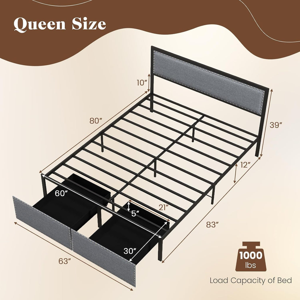 Giantex Queen Bed Frame with LED Lights and 2 Storage Drawers, Upholstered LED Platform Bed with Linen Fabric Headboard, Metal Slats Support, No Box Spring Needed, Light up Bed Frame, Grey