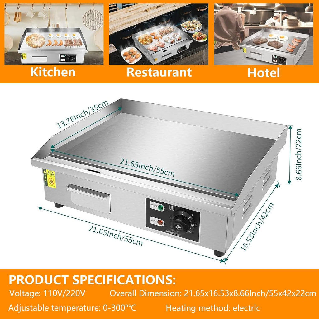Electric Griddle, Flat Top Griddle for Restaurant, 1600W/3000W Countertop Commercial Grill, Non-Stick Stainless Steel Grill, 50~300℃(122℉-572℉) Temperature Adjustable,110V