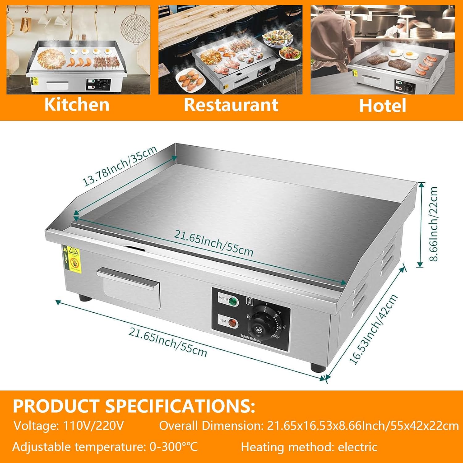 Electric Griddle Cooktop, Electric Countertop Griddle Commercial Flat Top Grill Griddle, Steel Cooking Plate BBQ Plate Grill for Home or Restaurant Use, 50-300℃,110V