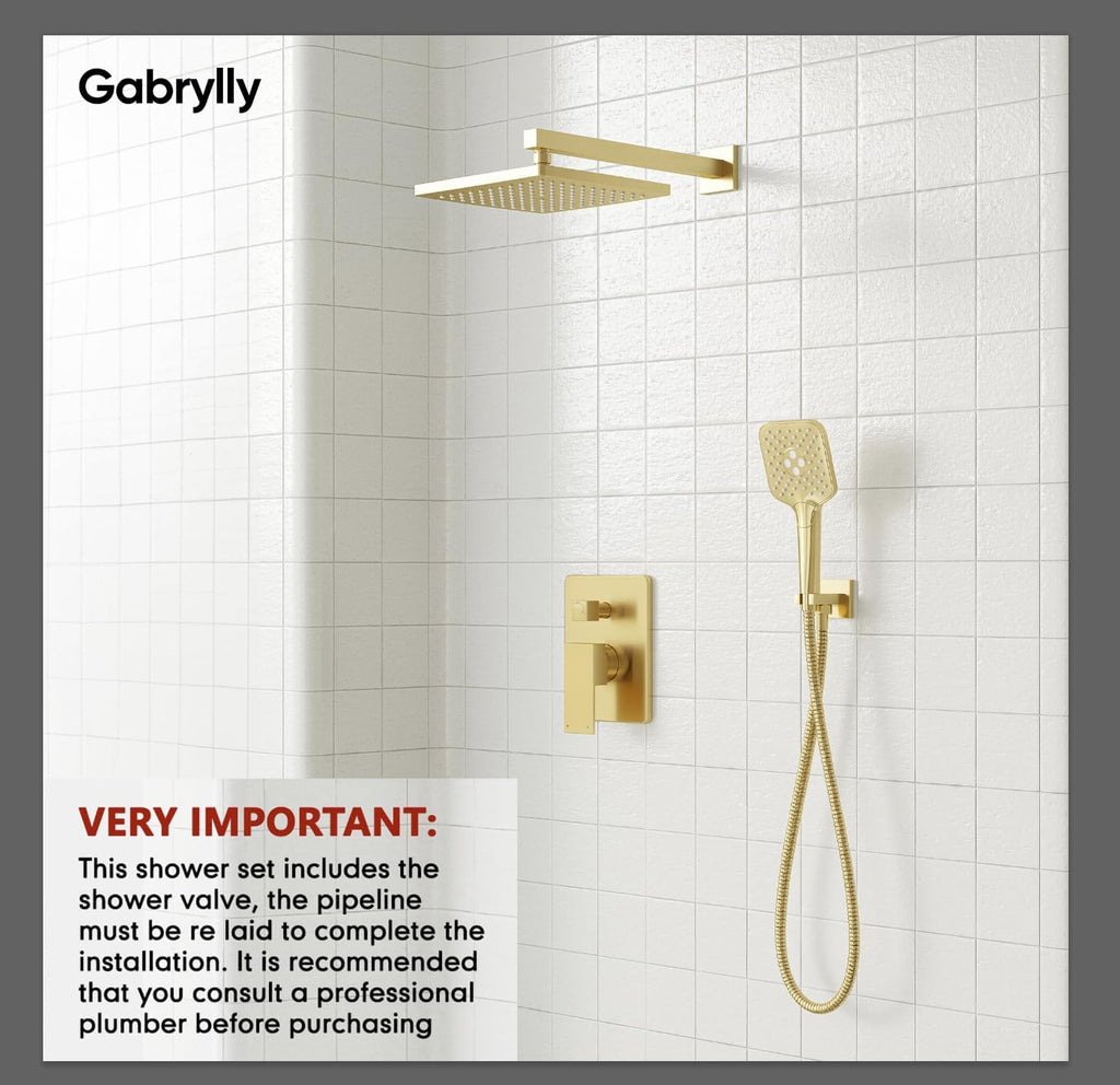 Gabrylly Shower System Gold, Wall Mounted Shower Faucet Set for Bathroom with High Pressure 10' Rain Shower head and 3-Setting Handheld Shower Head Set, 2 Way Shower Valve Kit, Brushed Gold