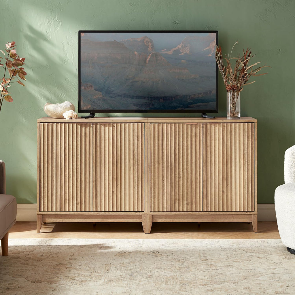 mopio Brooklyn Fluted Storage Cabinet, Modular Accent Buffet Sideboard with Adjustable Shelf, FSC Certified 50lb Load Modern Farmhouse Wood Credenza for Dining, Living Room, Entryway (Oak, Set of 3)