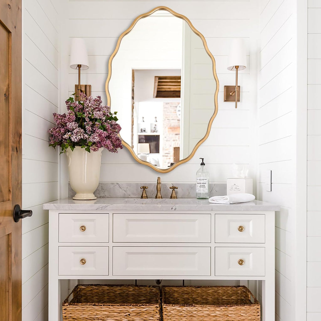 20 * 30 Inch Brushed Gold Oval Ripple Bathroom Mirror Wall Mounted Large Modern Countryside Suitable for Washroom, Bedroom, Living Room, Entryway