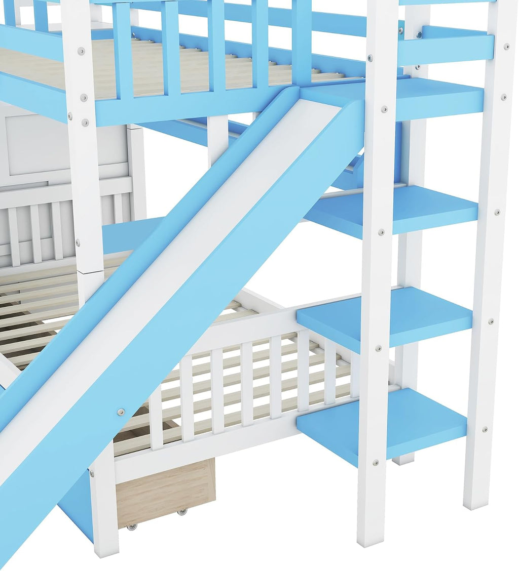 Harper & Bright Designs Twin Over Twin Bunk Bed with Stairs and Slide, Solid Wood Bunk Bed Frame with Storage Drawers and Bookshelf, for Kids Teens Girls Boys (Blue)