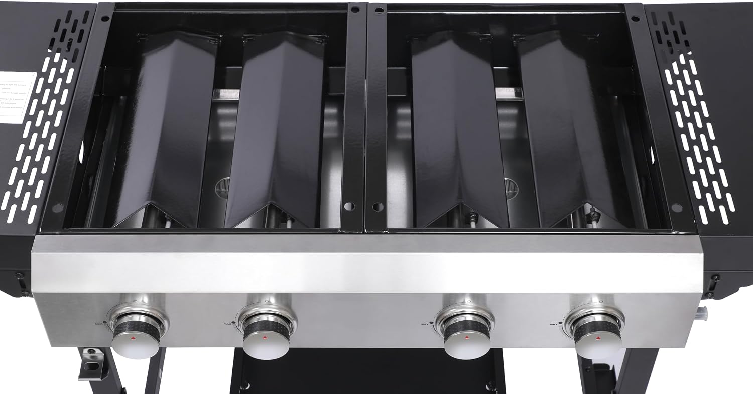 2+2 Gas Grill & Griddle Combo: 4 Burner Outdoor BBQ with Side Shelf & Storage - Modern Silver Black Design for Backyard Family Gatherings & Patio Parties