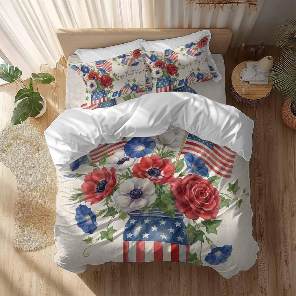 Happy Independence Day Duvet Cover Set Queen Size 4 Pieces U. S. Flag Flowers White Five-Pointed Stars Bedding Set with Zipper Closure, 1 Comforter Cover 86x86 Inches 1 Flat Sheet & 2 Pillow Cases