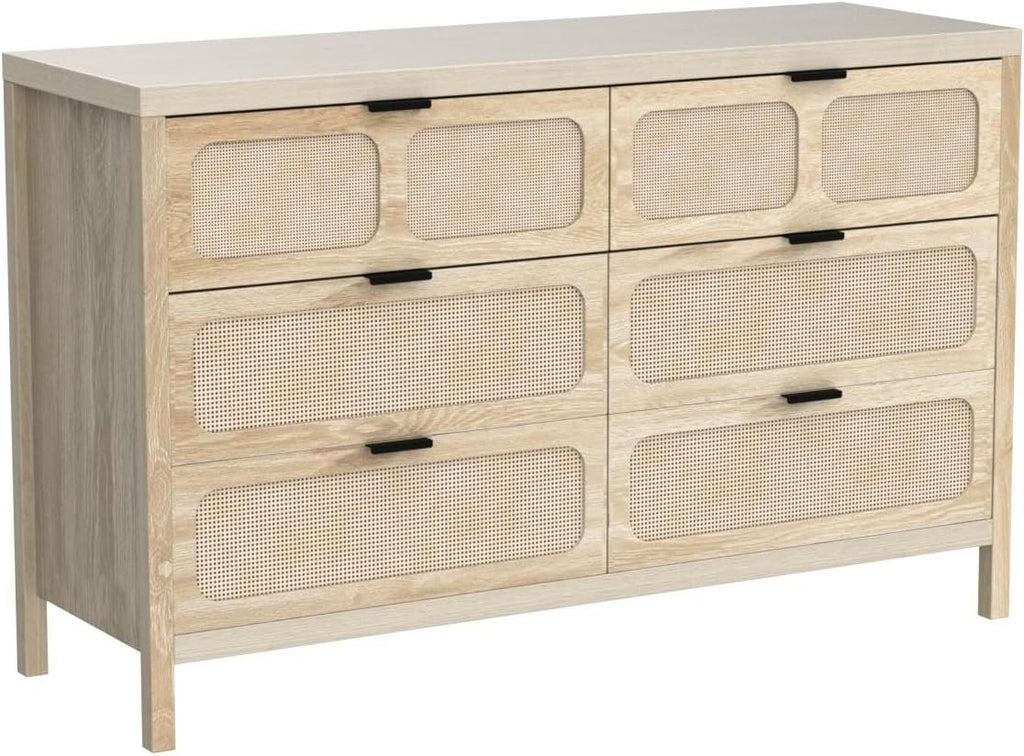 6 Drawer Dresser, Modern Rattan Dresser Chest with Wide Drawers and Metal Handles, Farmhouse Wood Storage Chest of Drawers for Bedroom, Living Room, Hallway, Entryway (Natural-6 Drawers)